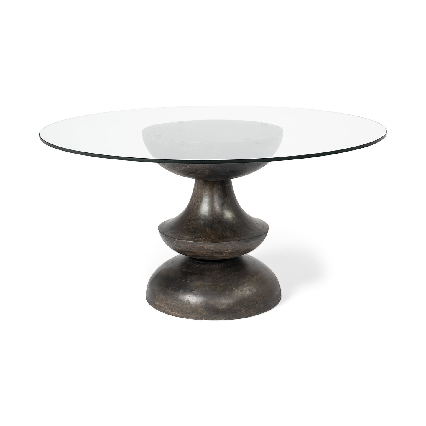 60" Clear And Brown Rounded Glass And Solid Manufactured Wood Pedestal Base Dining Table HomeRoots