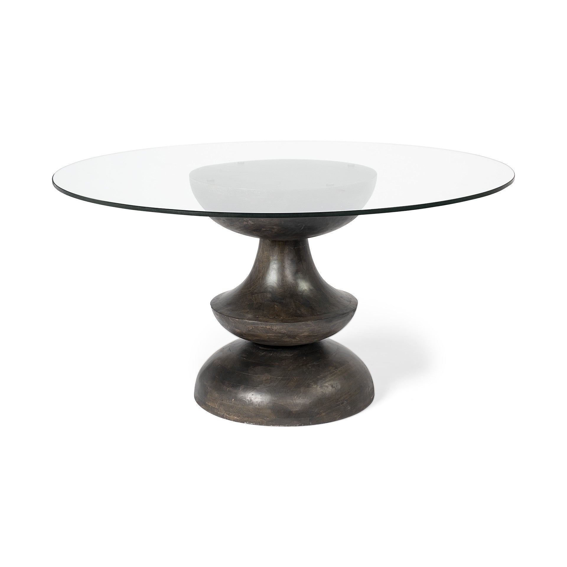 60" Clear And Brown Rounded Glass And Solid Manufactured Wood Pedestal Base Dining Table HomeRoots