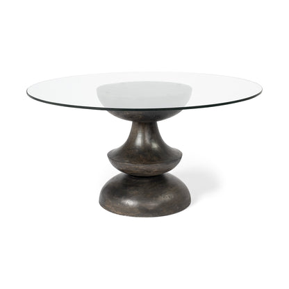 60" Clear And Brown Rounded Glass And Solid Manufactured Wood Pedestal Base Dining Table HomeRoots