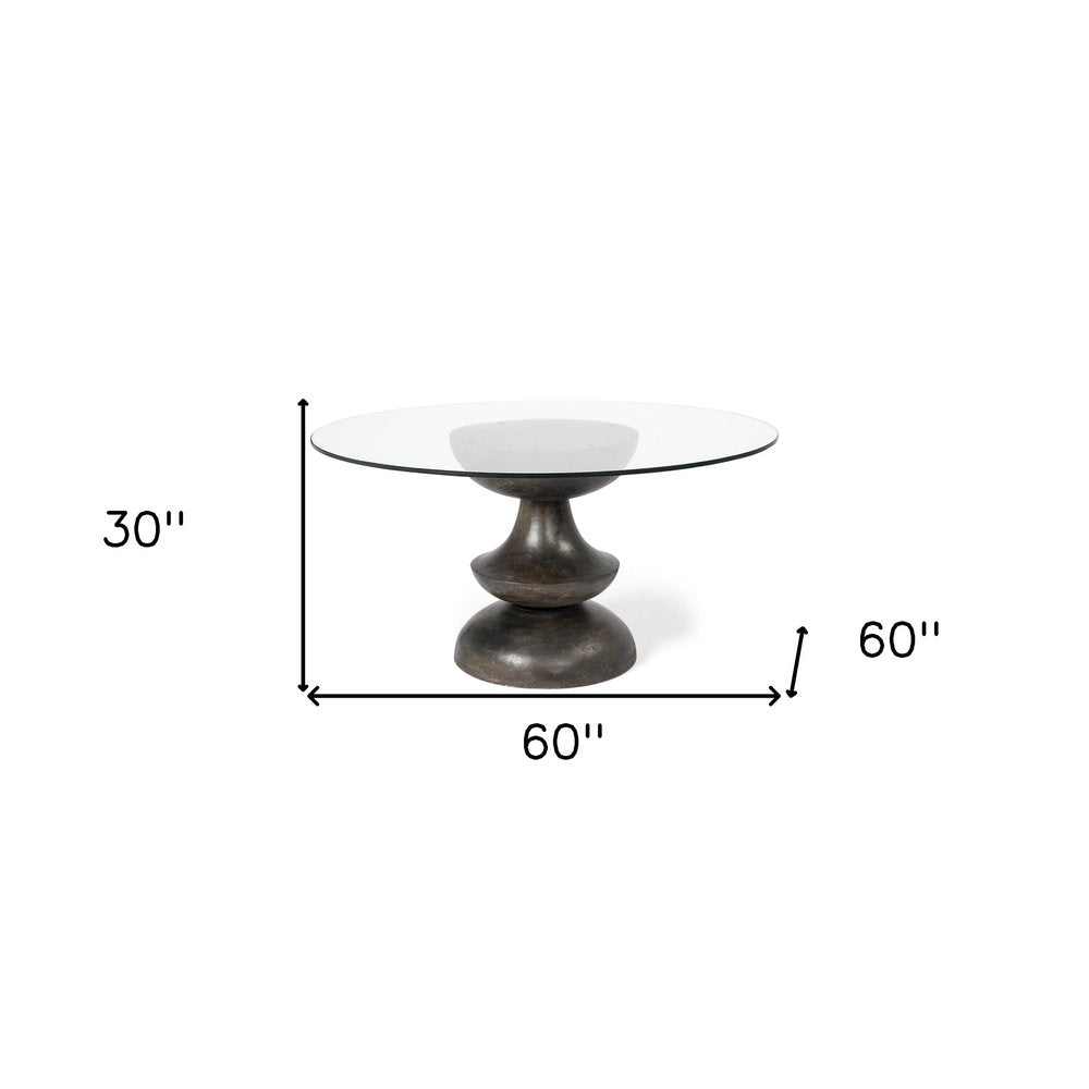 60" Clear And Brown Rounded Glass And Solid Manufactured Wood Pedestal Base Dining Table HomeRoots