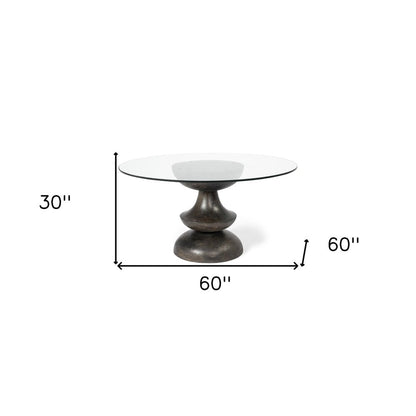 60" Clear And Brown Rounded Glass And Solid Manufactured Wood Pedestal Base Dining Table HomeRoots