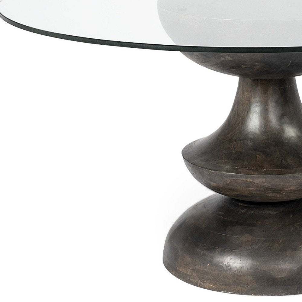 60" Clear And Brown Rounded Glass And Solid Manufactured Wood Pedestal Base Dining Table HomeRoots