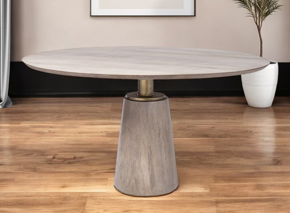 54" Brown And Gold Rounded Solid Wood And Metal Pedestal Base Dining Table HomeRoots
