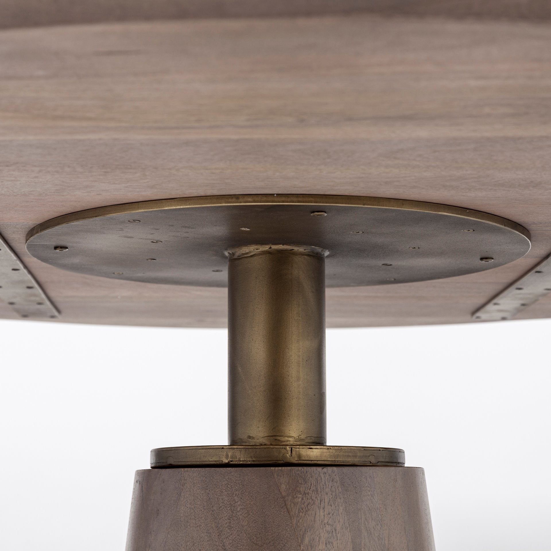 54" Brown And Gold Rounded Solid Wood And Metal Pedestal Base Dining Table HomeRoots