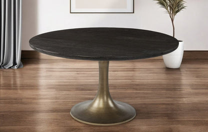 54" Black And Brass Rounded Solid Wood And Metal Pedestal Base Dining Table HomeRoots