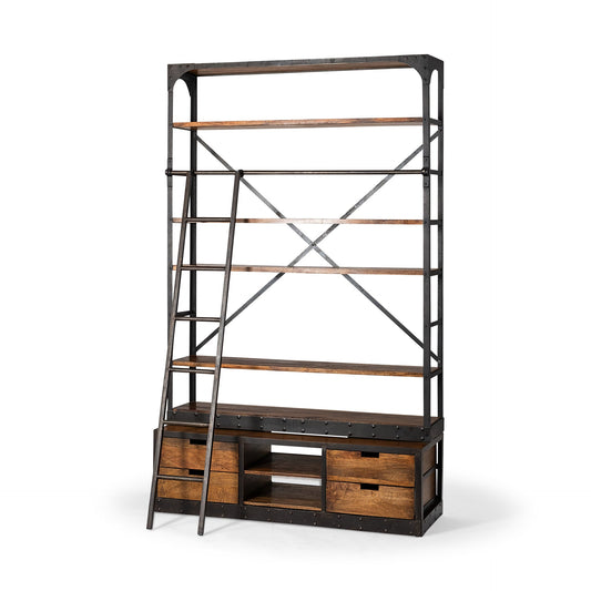 94" Black And Brown Distressed Copper and Wood Four Tier Library Bookcase with Four Drawers HomeRoots