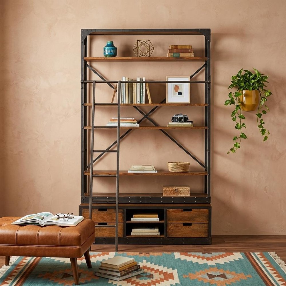 94" Black And Brown Distressed Copper and Wood Four Tier Library Bookcase with Four Drawers HomeRoots