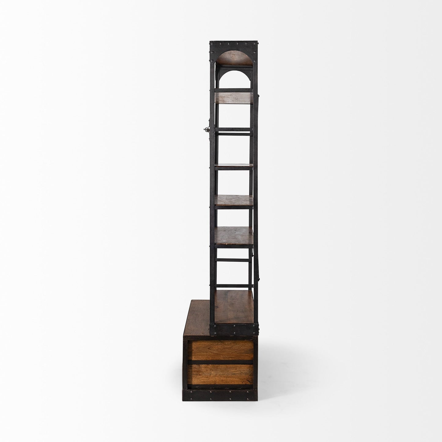 94" Black And Brown Distressed Copper and Wood Four Tier Library Bookcase with Four Drawers HomeRoots