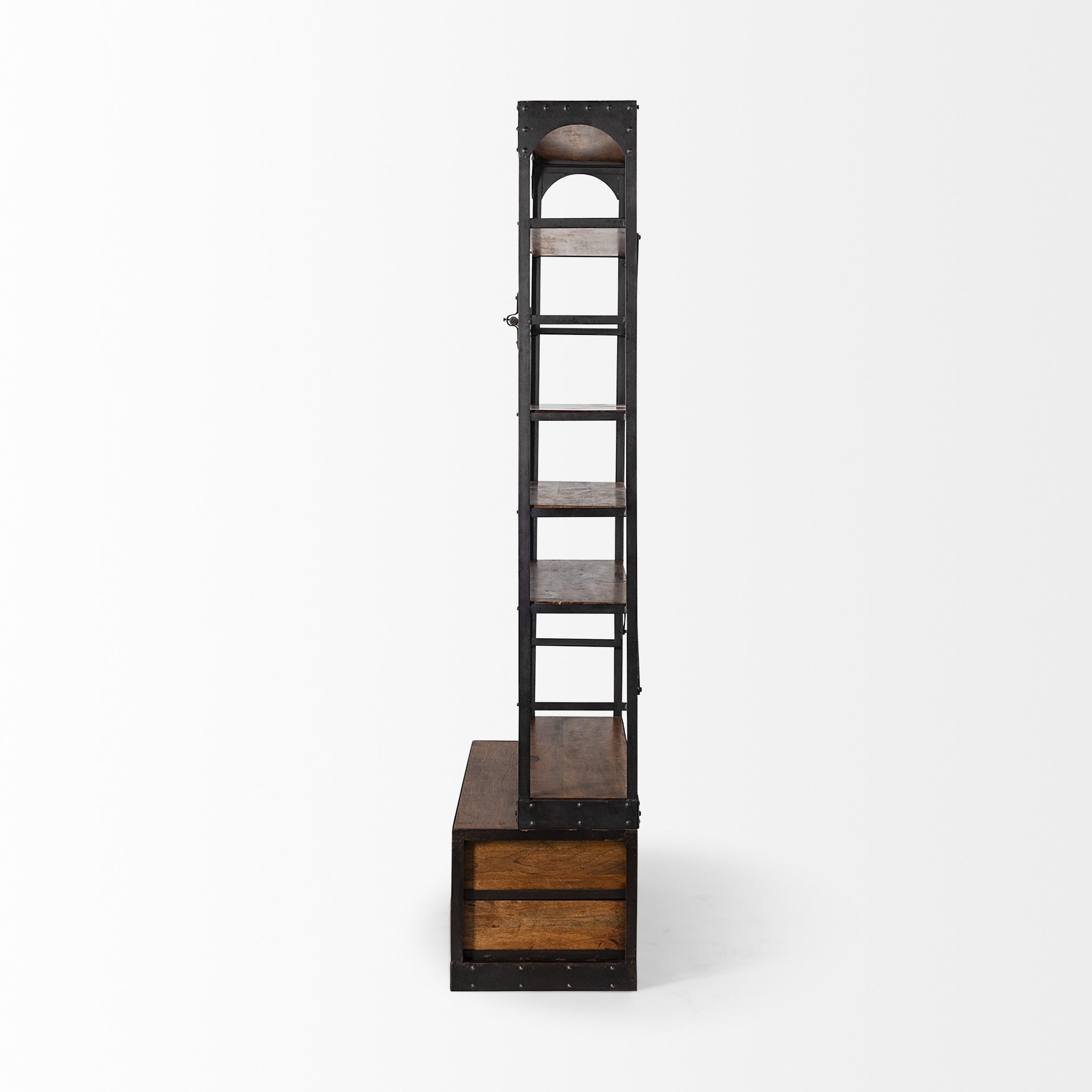 94" Black And Brown Distressed Copper and Wood Four Tier Library Bookcase with Four Drawers HomeRoots