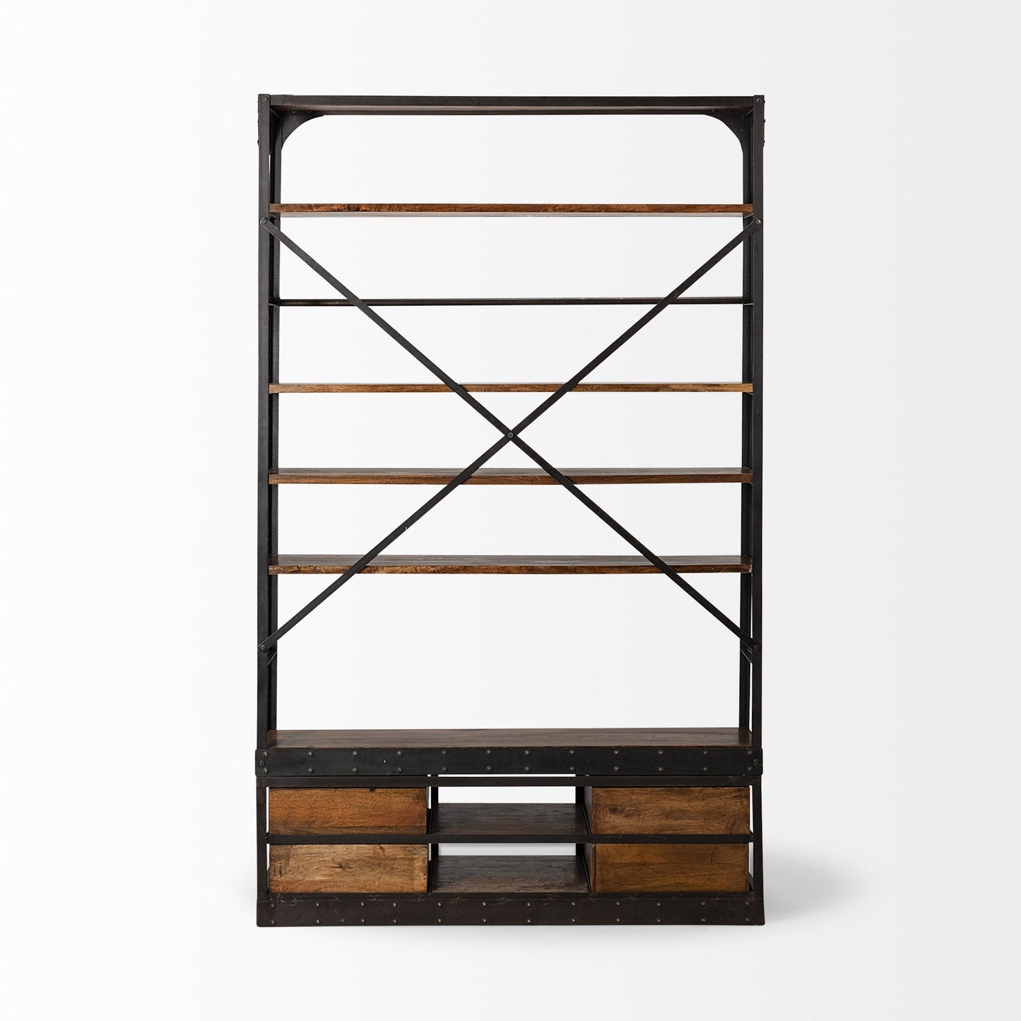 94" Black And Brown Distressed Copper and Wood Four Tier Library Bookcase with Four Drawers HomeRoots