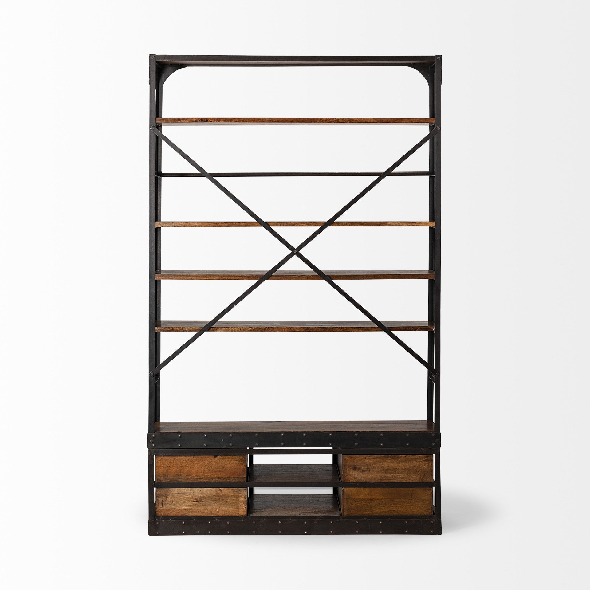 94" Black And Brown Distressed Copper and Wood Four Tier Library Bookcase with Four Drawers HomeRoots