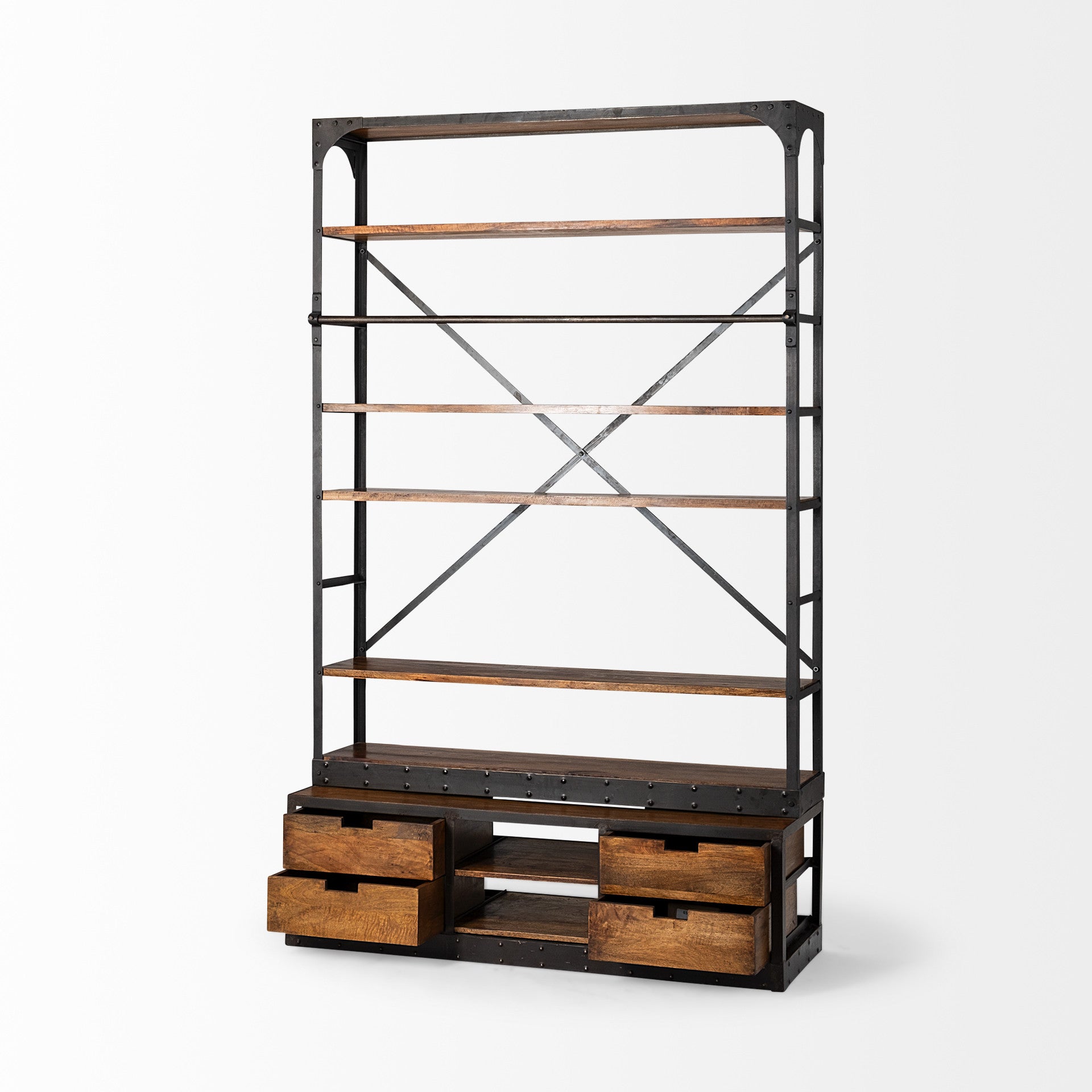 94" Black And Brown Distressed Copper and Wood Four Tier Library Bookcase with Four Drawers HomeRoots