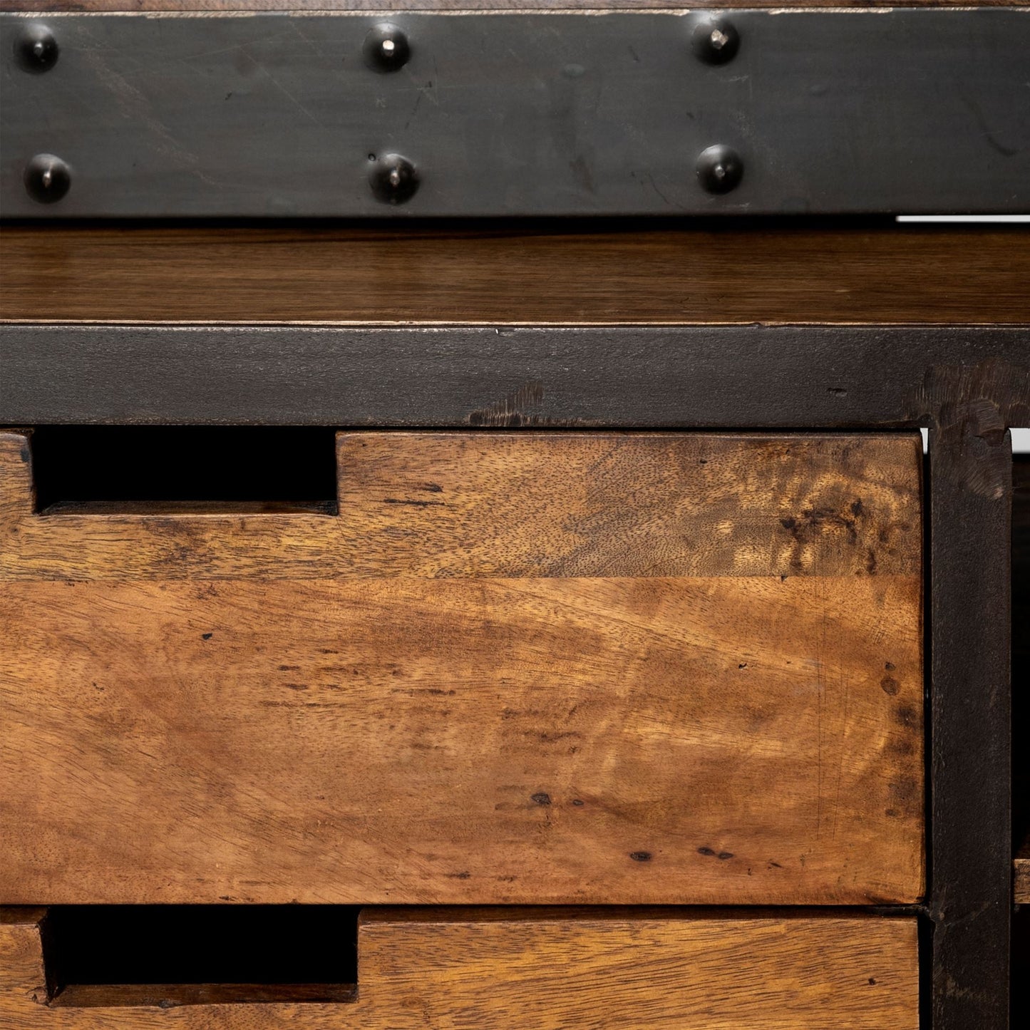 94" Black And Brown Distressed Copper and Wood Four Tier Library Bookcase with Four Drawers HomeRoots