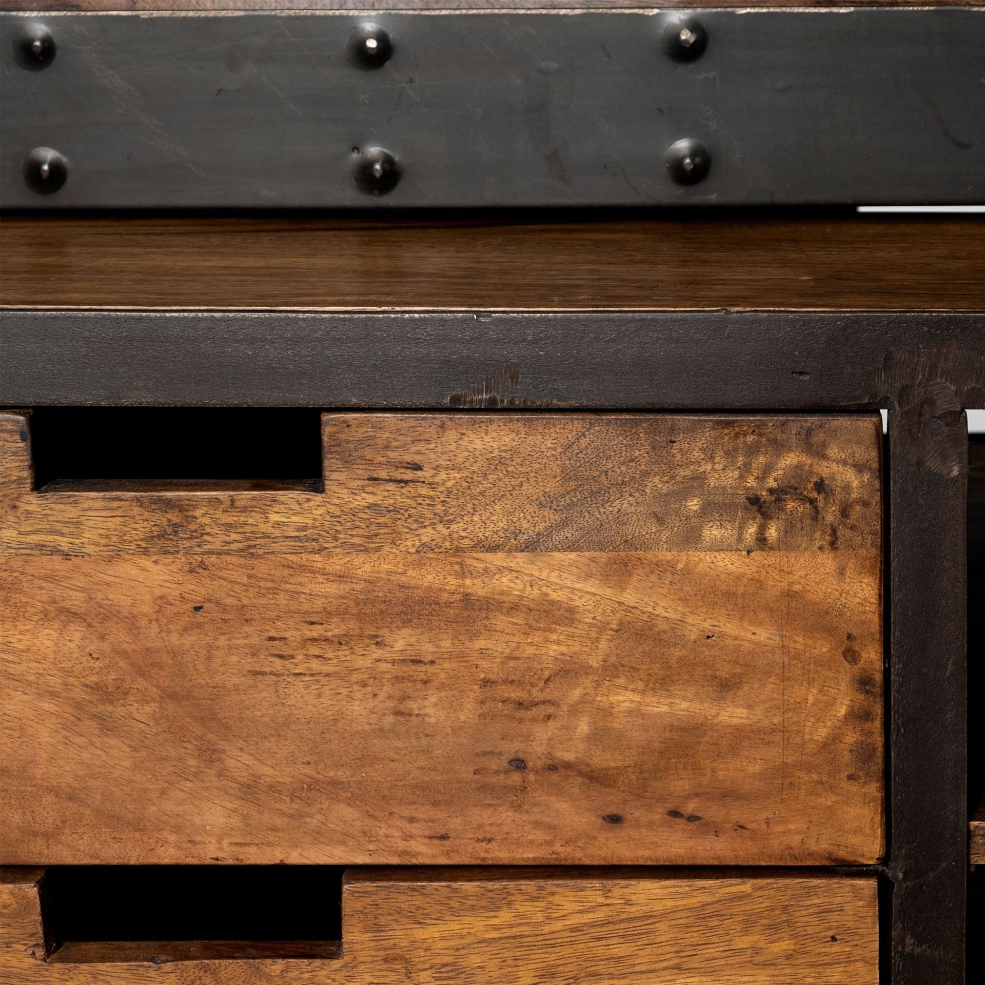 94" Black And Brown Distressed Copper and Wood Four Tier Library Bookcase with Four Drawers HomeRoots