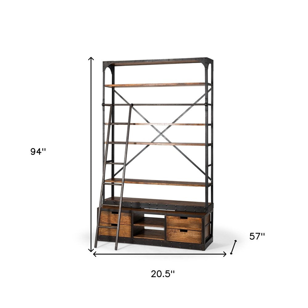 94" Black And Brown Distressed Copper and Wood Four Tier Library Bookcase with Four Drawers HomeRoots