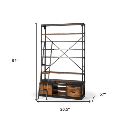 94" Black And Brown Distressed Copper and Wood Four Tier Library Bookcase with Four Drawers HomeRoots