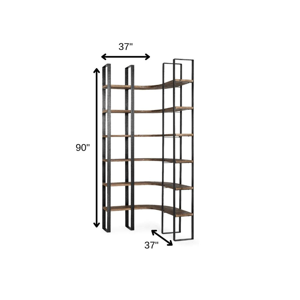 90" Black And Brown Iron and Wood Six Tier Bookcase HomeRoots