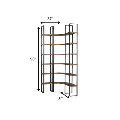 90" Black And Brown Iron and Wood Six Tier Bookcase HomeRoots