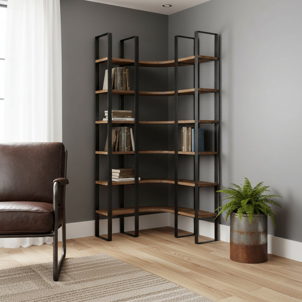 90" Black And Brown Iron and Wood Six Tier Bookcase HomeRoots