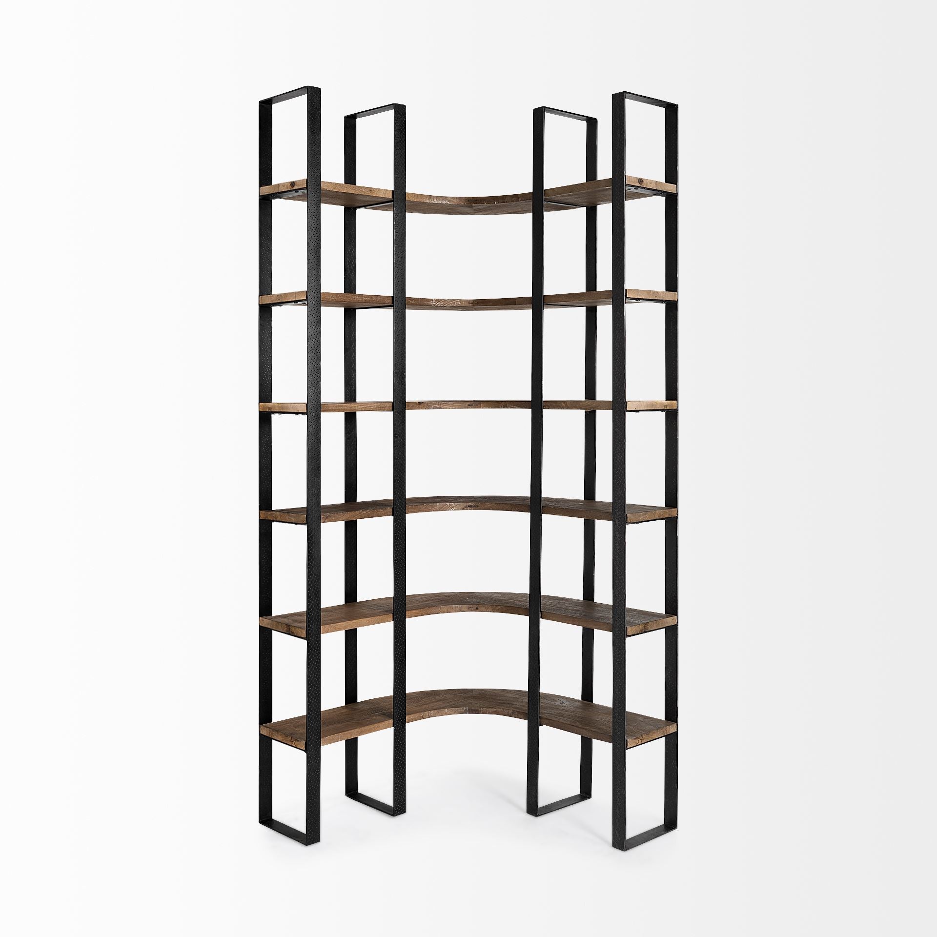 Curved Dark Brown Wood And Black Iron 6 Shelving Unit - FurniFindUSA