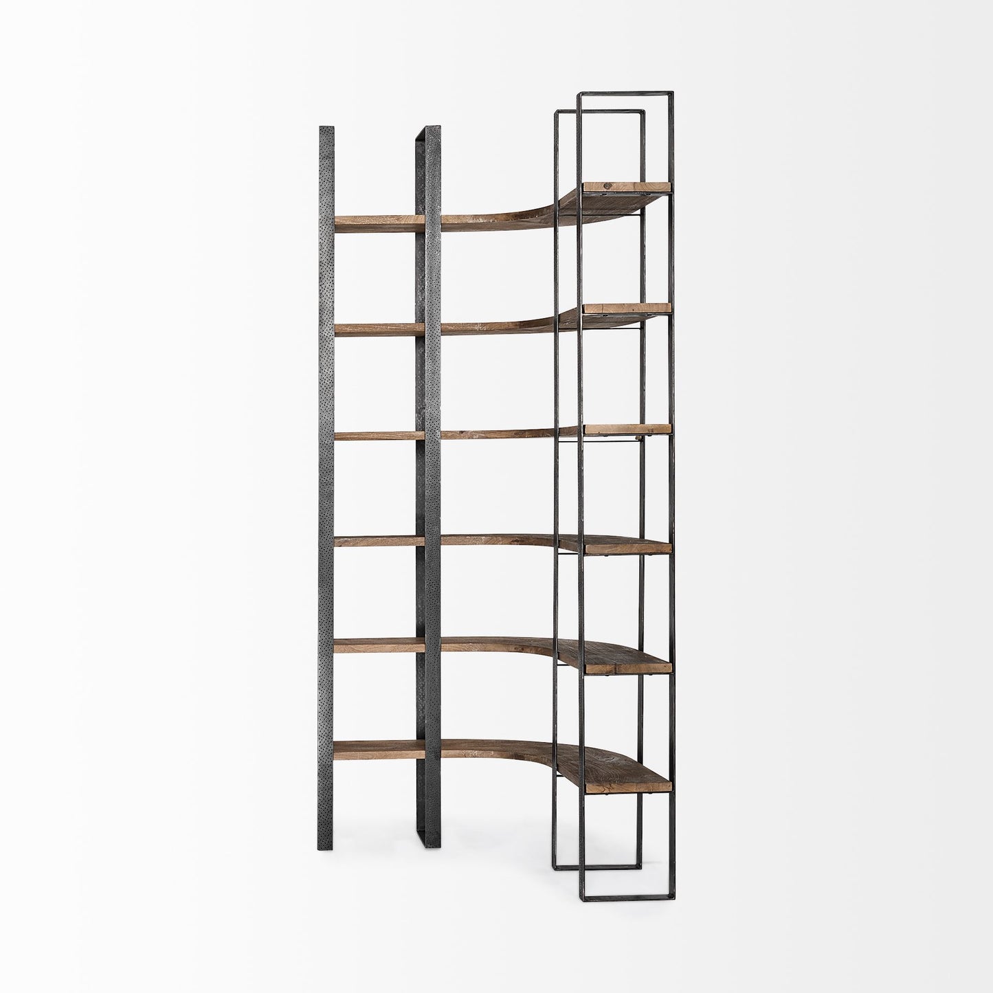 Curved Dark Brown Wood And Black Iron 6 Shelving Unit - FurniFindUSA