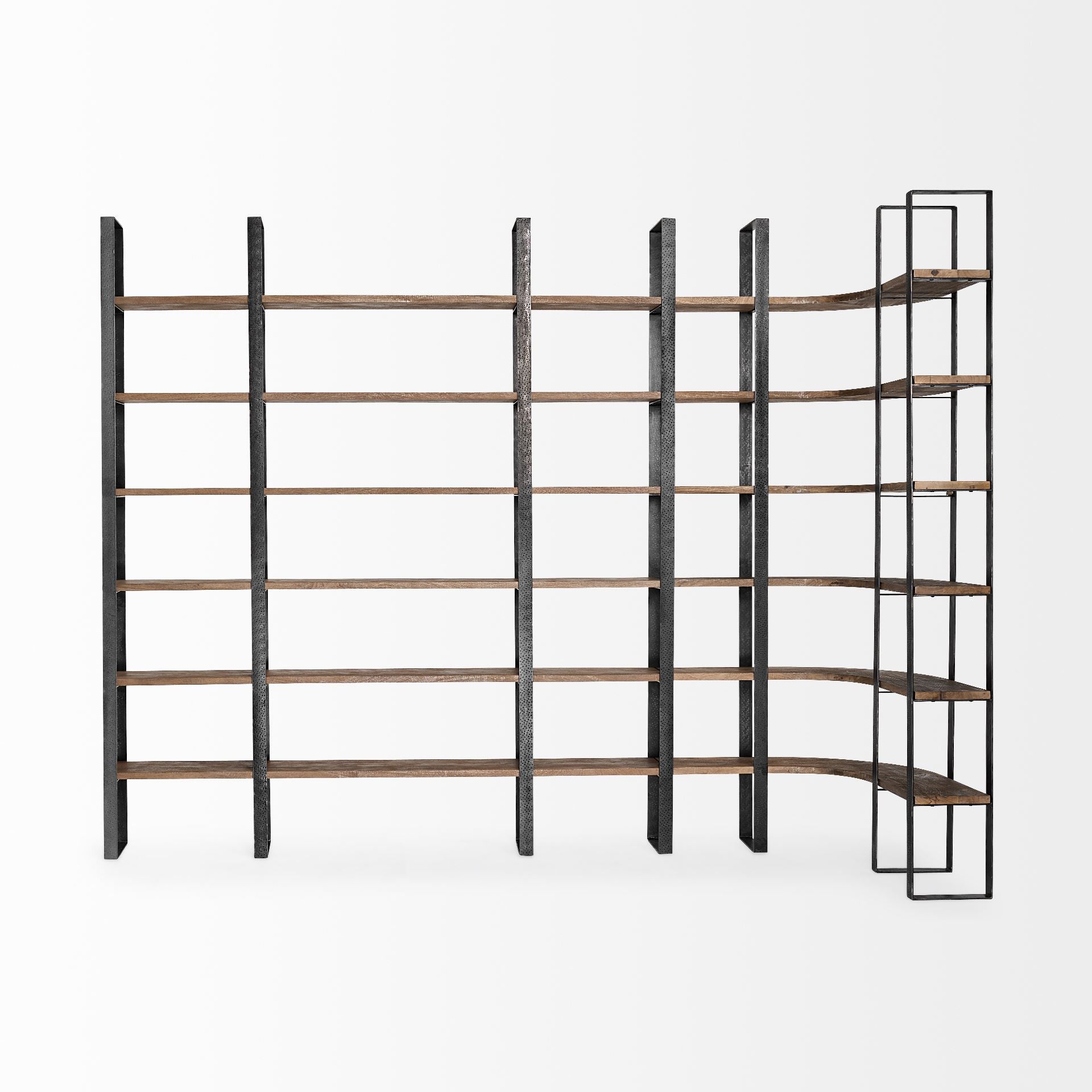 Curved Dark Brown Wood And Black Iron 6 Shelving Unit - FurniFindUSA
