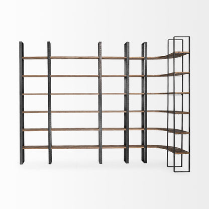 Curved Dark Brown Wood And Black Iron 6 Shelving Unit - FurniFindUSA