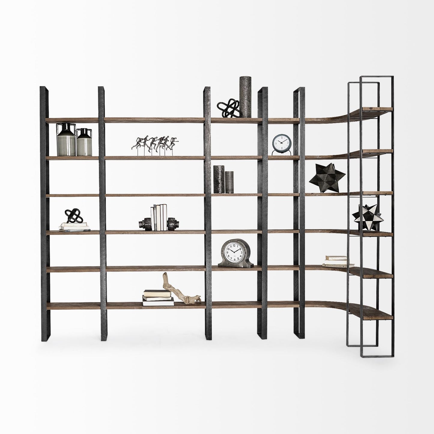 90" Black And Brown Iron and Wood Six Tier Bookcase HomeRoots