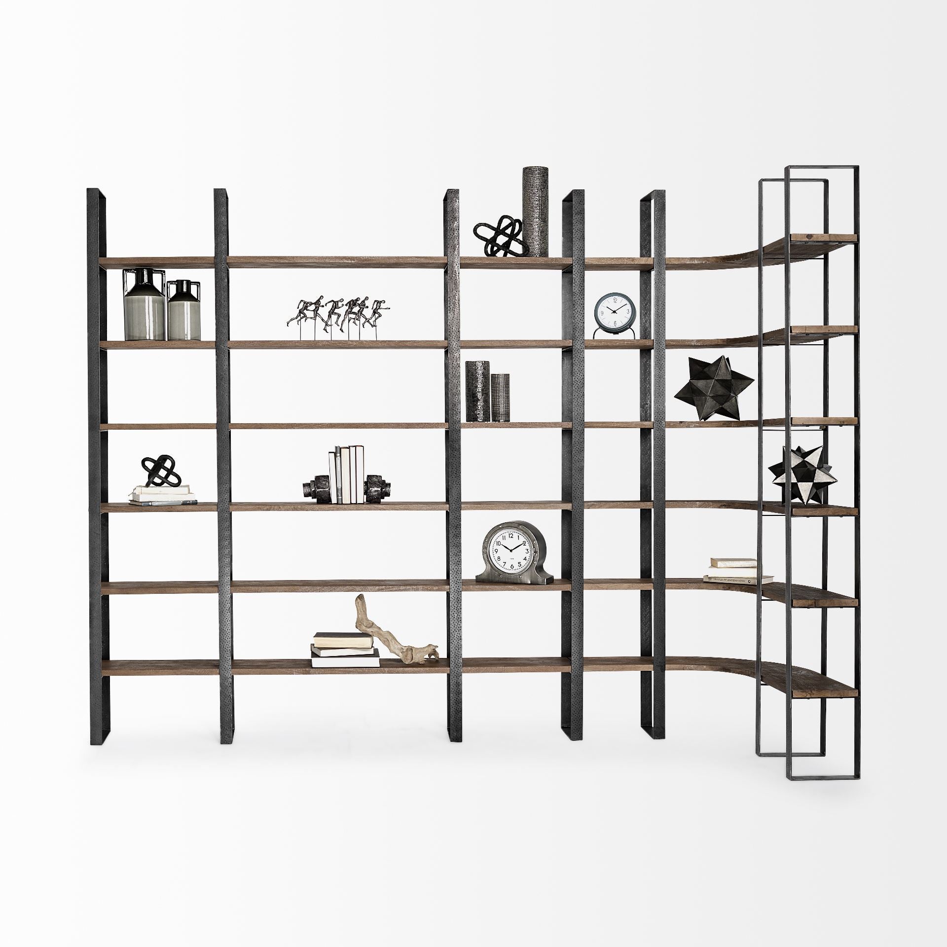 90" Black And Brown Iron and Wood Six Tier Bookcase HomeRoots