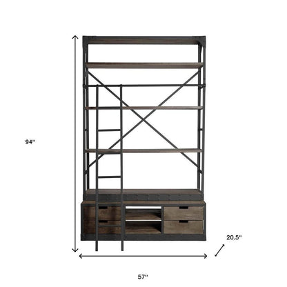 94" Brown Metal and Wood Four Tier Ladder Bookcase HomeRoots