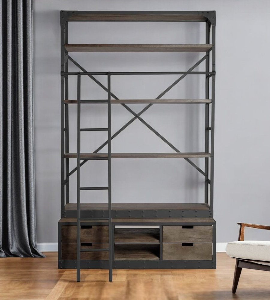94" Brown Metal and Wood Four Tier Ladder Bookcase HomeRoots
