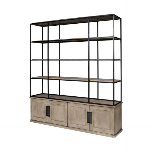 90" Brown Iron and Wood Three Tier Bookcase HomeRoots