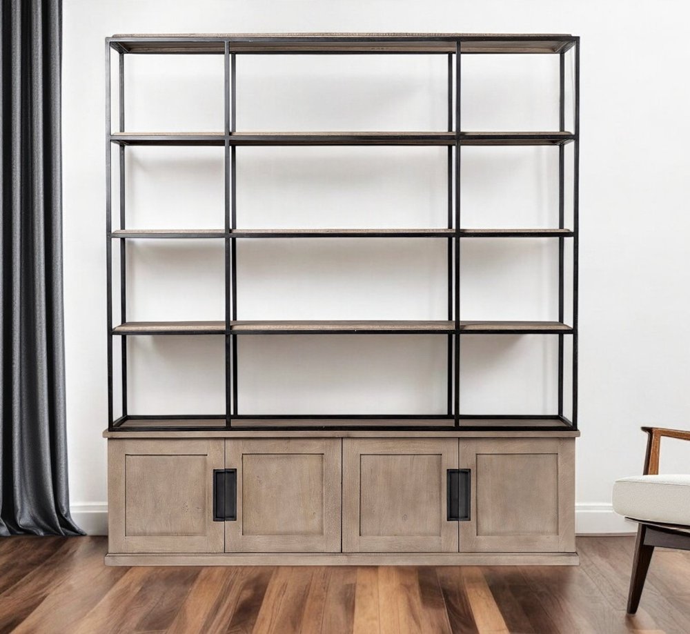 90" Brown Iron and Wood Three Tier Bookcase HomeRoots