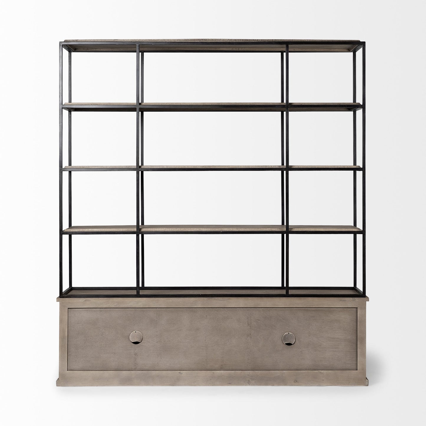 90" Brown Iron and Wood Three Tier Bookcase HomeRoots