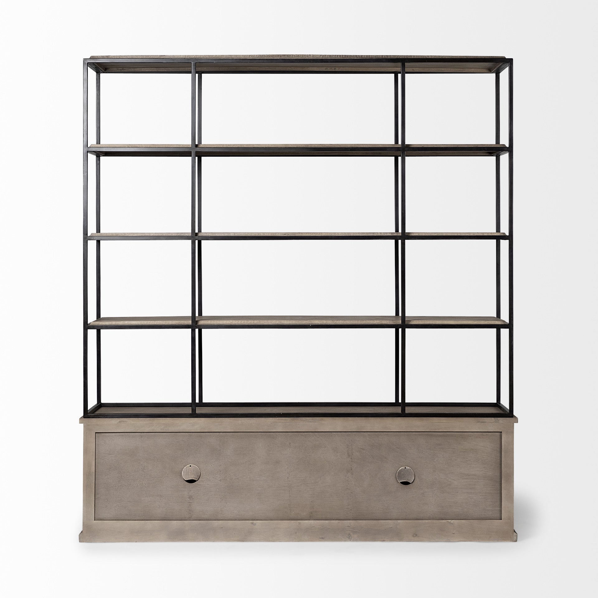 90" Brown Iron and Wood Three Tier Bookcase HomeRoots