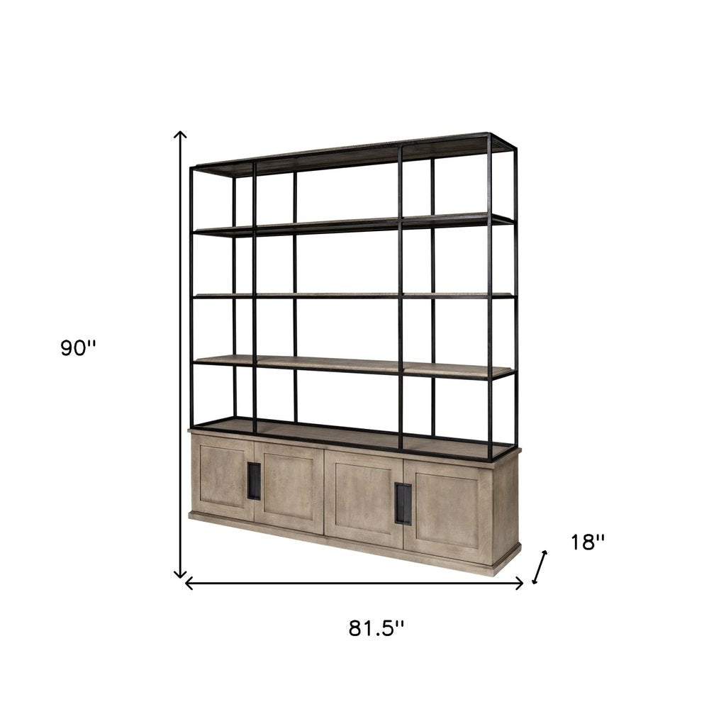 90" Brown Iron and Wood Three Tier Bookcase HomeRoots