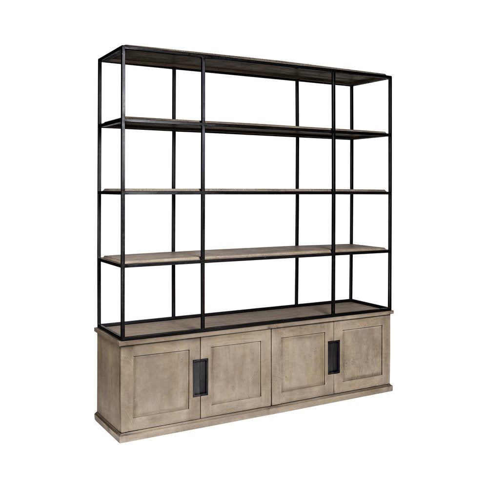 90" Brown Iron and Wood Three Tier Bookcase HomeRoots