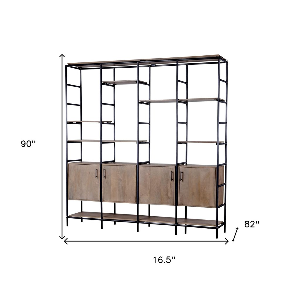 90" Brown Metal and Wood Bookcase HomeRoots