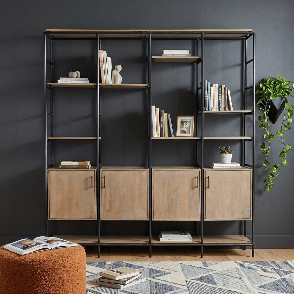 90" Brown Metal and Wood Bookcase HomeRoots