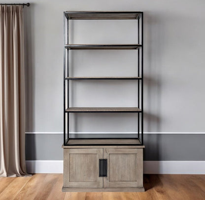 90" Brown Iron and Wood Three Tier Bookcase HomeRoots