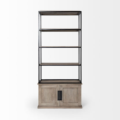 90" Brown Iron and Wood Three Tier Bookcase HomeRoots