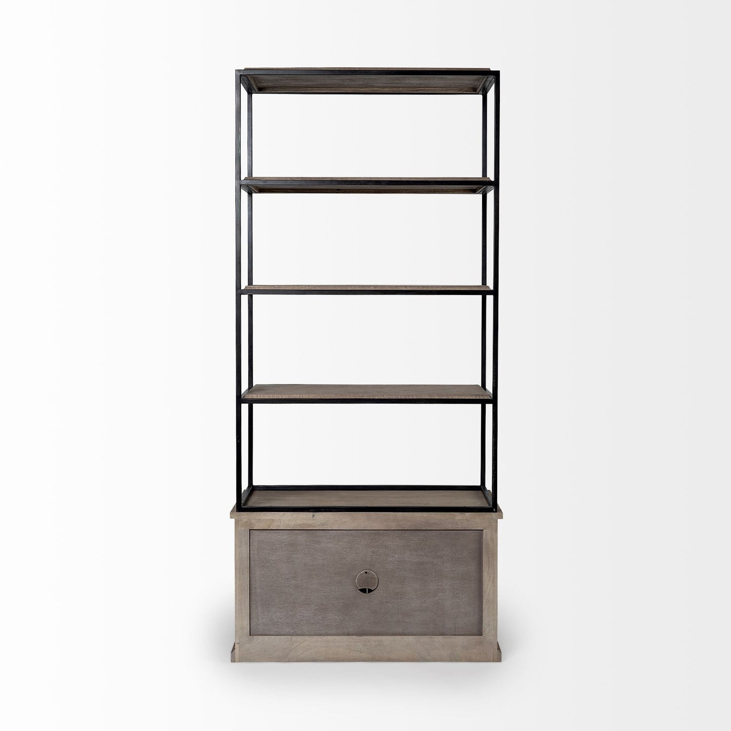 90" Brown Iron and Wood Three Tier Bookcase HomeRoots