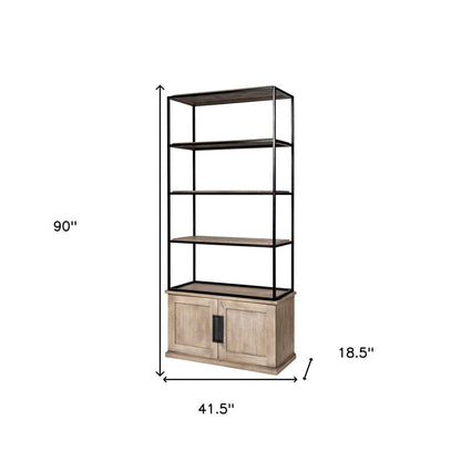90" Brown Iron and Wood Three Tier Bookcase HomeRoots