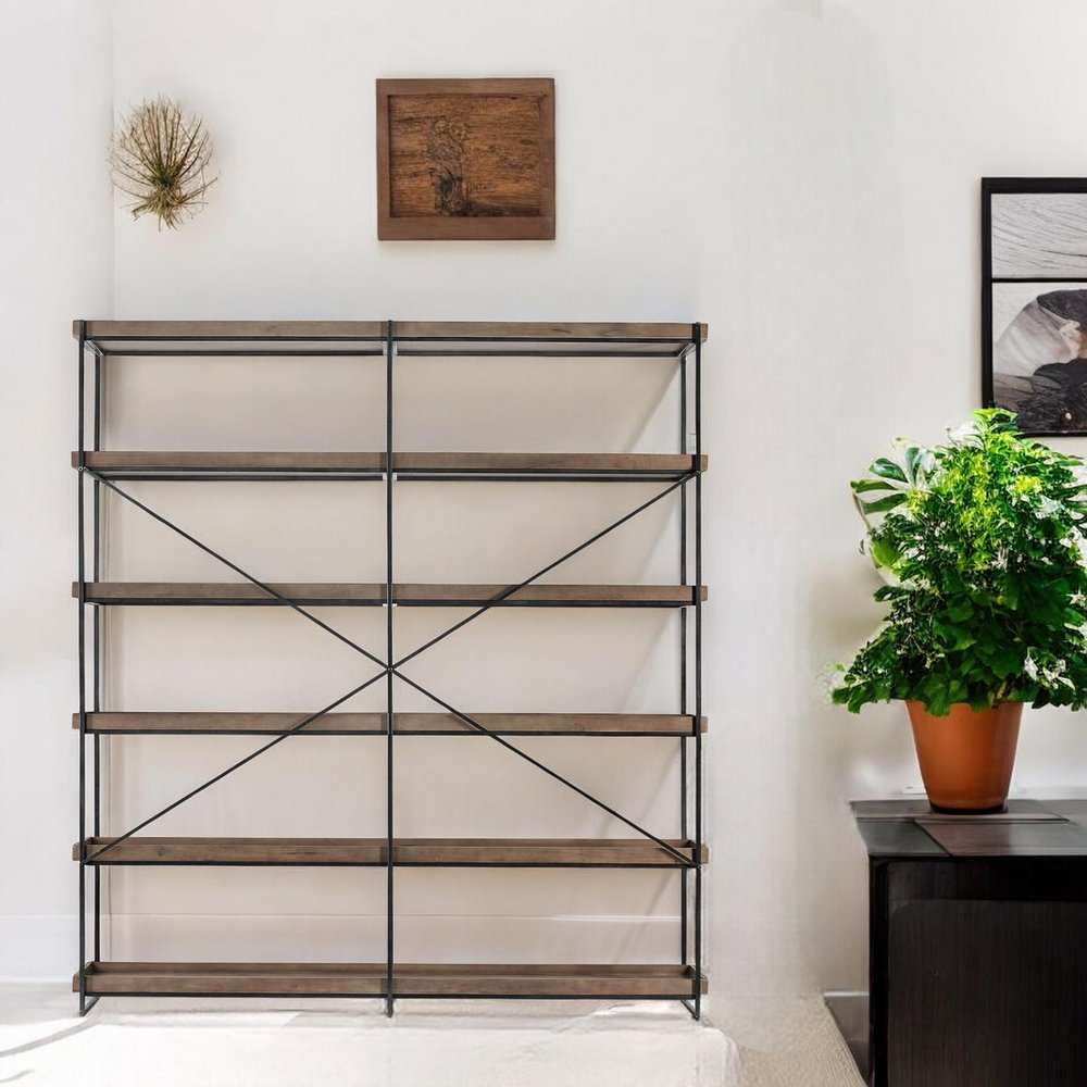 88" Black And Brown Iron and Wood Five Tier Bookcase HomeRoots