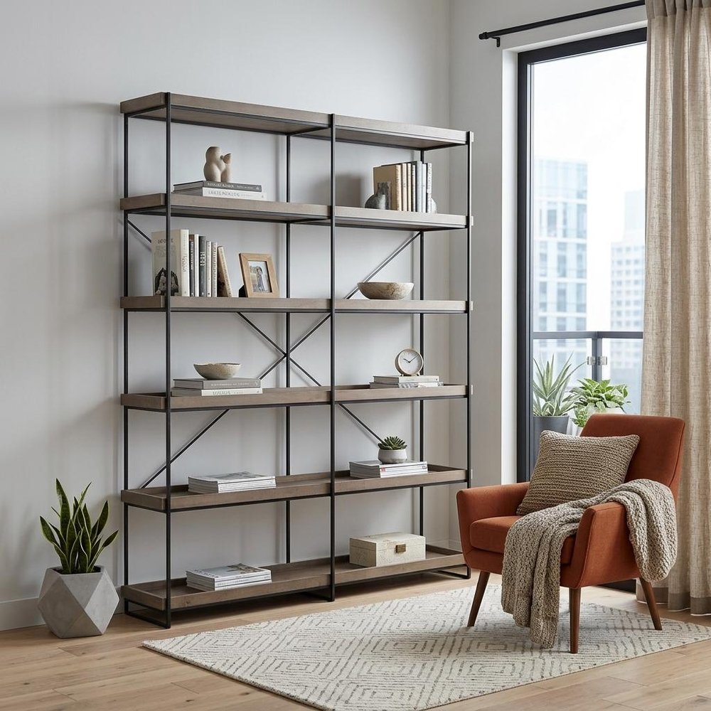 88" Black And Brown Iron and Wood Five Tier Bookcase HomeRoots