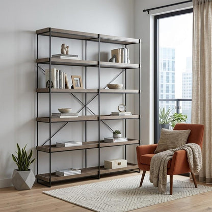 88" Black And Brown Iron and Wood Five Tier Bookcase HomeRoots
