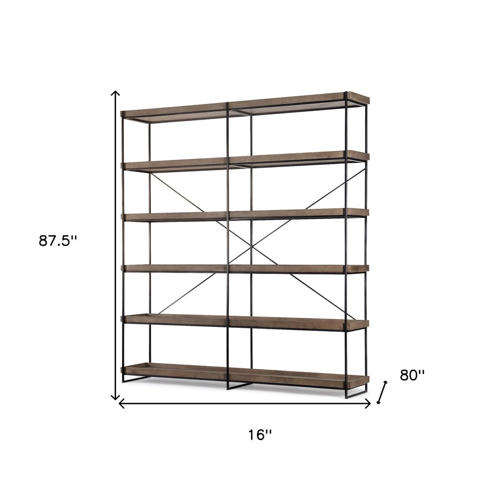 88" Black And Brown Iron and Wood Five Tier Bookcase — view 6