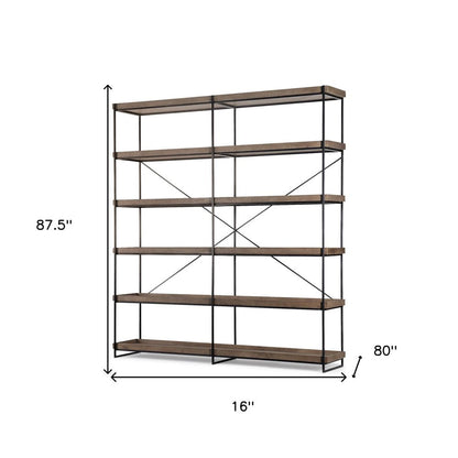 88" Black And Brown Iron and Wood Five Tier Bookcase HomeRoots