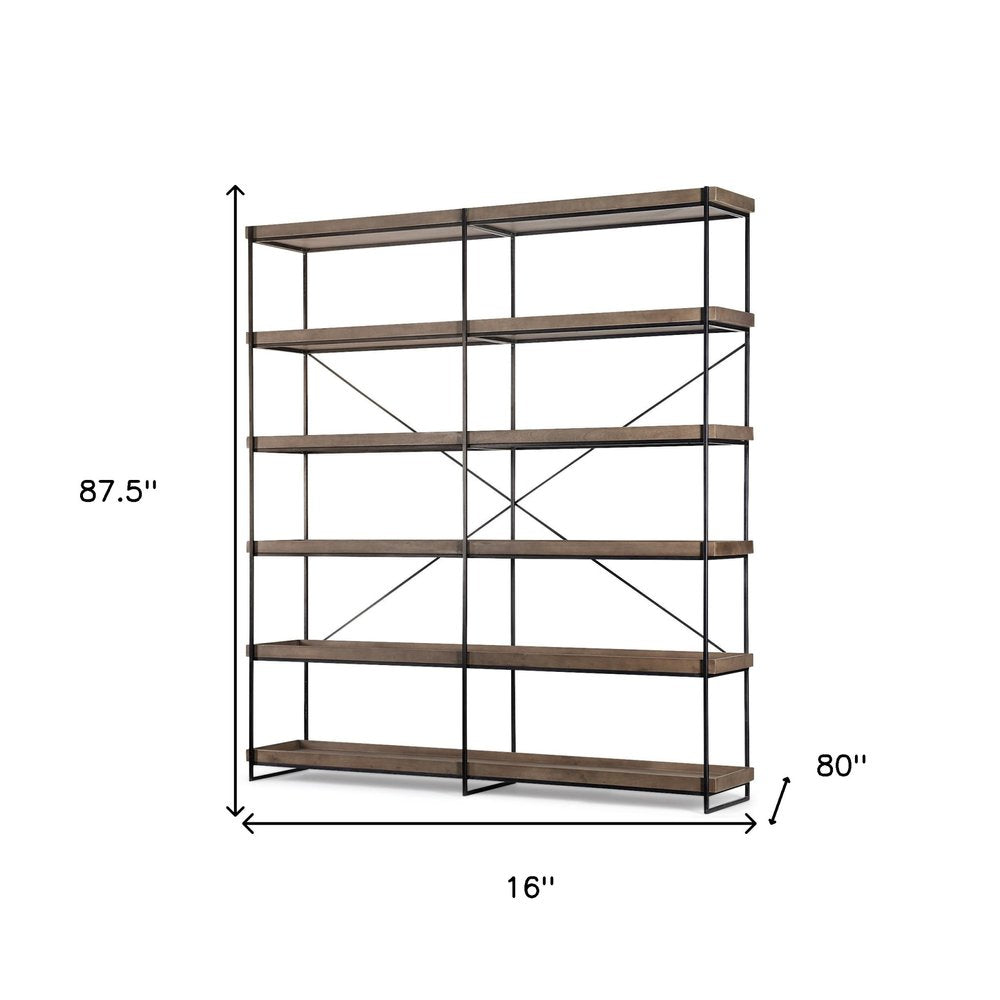 88" Black And Brown Iron and Wood Five Tier Bookcase HomeRoots