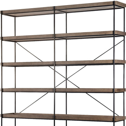 88" Black And Brown Iron and Wood Five Tier Bookcase HomeRoots